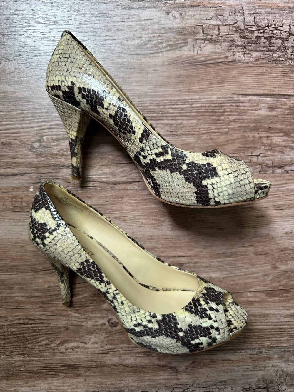 Nine West Snake-Print Peep-Toe Heels in Beige and Brown